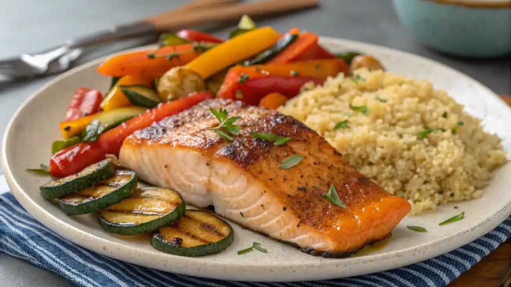 Cajun Honey Butter Salmon served with roasted vegetables and quinoa.