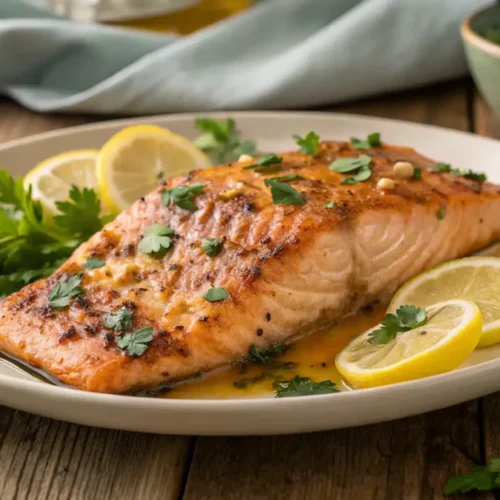 A deliciously plated Cajun Honey Butter Salmon with lemon wedges and parsley garnish.