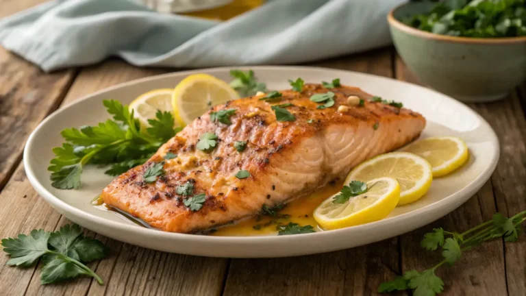 A deliciously plated Cajun Honey Butter Salmon with lemon wedges and parsley garnish.