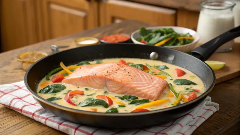 A skillet with Coconut Curry Salmon cooking, featuring colorful vegetables and creamy coconut sauce.