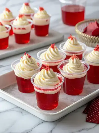 Clear plastic shot cups filled with red jelly and topped with vanilla frosting and red frosting tip on a marble countertop