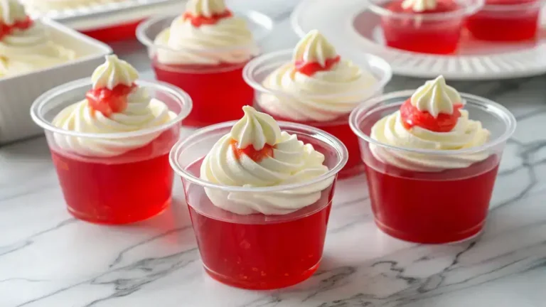 Clear plastic shot cups filled with red jelly and topped with vanilla frosting and red frosting tip on a marble countertop
