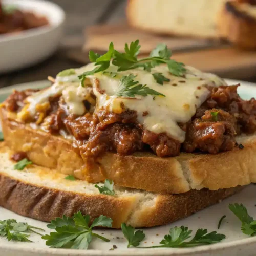 A plate of Texas Toast Sloppy topped with melted cheese and garnished with parsley.
