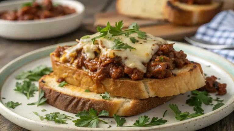 A plate of Texas Toast Sloppy topped with melted cheese and garnished with parsley.
