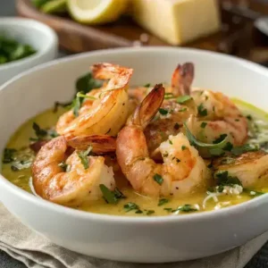 Close-up of Famous Red Lobster Shrimp in a white bowl, featuring a rich garlic sauce and herb garnish.