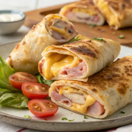 Deliciously cooked Air Fryer Chicken Ham & Cheese Wraps served on a plate.