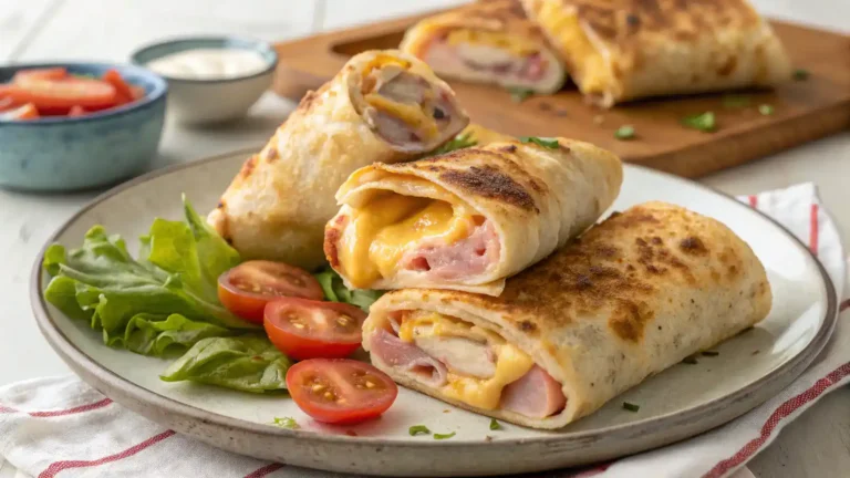 Deliciously cooked Air Fryer Chicken Ham & Cheese Wraps served on a plate.