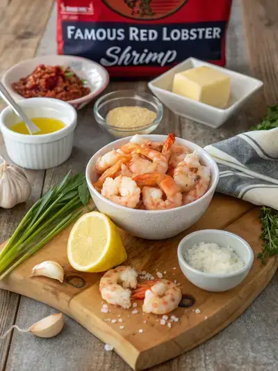 Ingredients for Famous Red Lobster Shrimp displayed on a wooden countertop, including shrimp, butter, lemon, and spices.