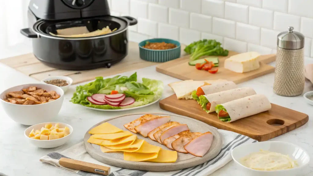 Step-by-step preparation of Air Fryer Chicken Ham & Cheese Wraps with ingredients and cooking process.