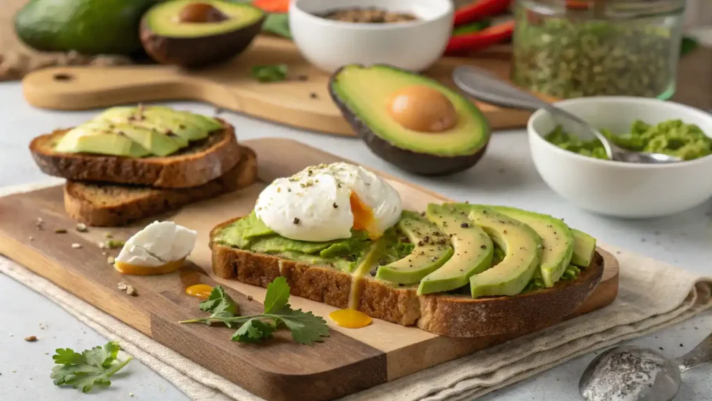 Step-by-step process of making Avocado Toast with Poached Egg, featuring ingredients and preparation steps.