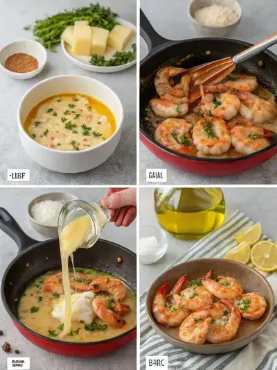 Step-by-step preparation of Famous Red Lobster Shrimp, showcasing shrimp being rinsed, coated in garlic butter, and cooked in a skillet.