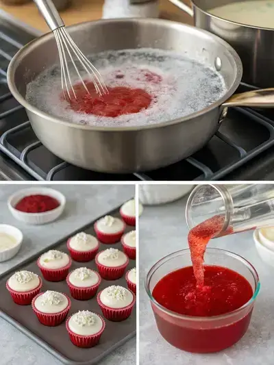 Step-by-step images of making Red Velvet Cupcake Jello Shots, from boiling water to frosting the jello shots.