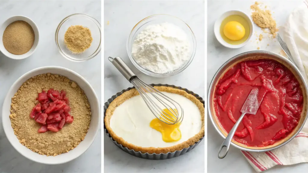 Step-by-step process of making rhubarb cheesecake, including crust preparation and filling mixing.