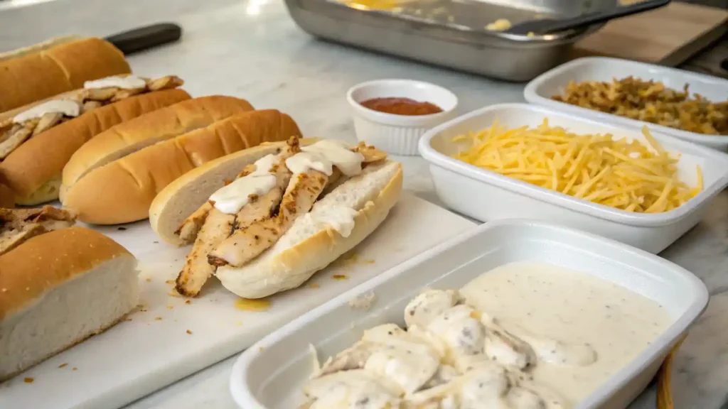 Serving ideas for White BBQ Chicken Subs with various sides.