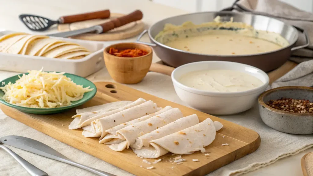 Step-by-step preparation of White Chicken Enchilada Casserole with ingredients laid out.