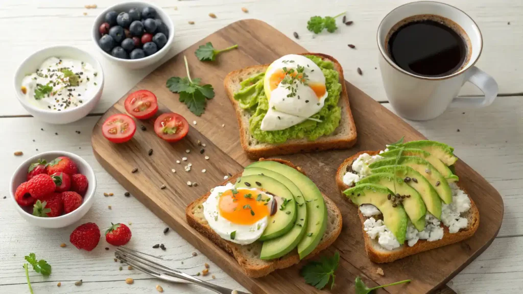 Serving suggestions for Avocado Toast with Poached Egg, featuring garnishes and side dishes.