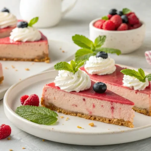 Serving suggestions for rhubarb cheesecake, including slices with whipped cream and fresh berries.