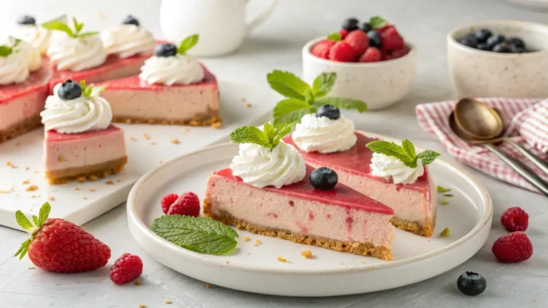 Serving suggestions for rhubarb cheesecake, including slices with whipped cream and fresh berries.