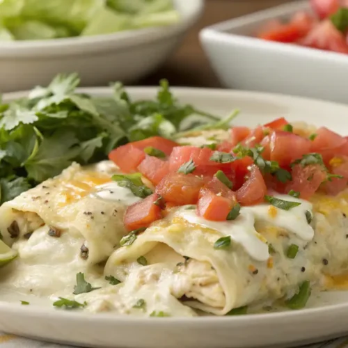 Serving suggestions for White Chicken Enchilada Casserole with garnishes.