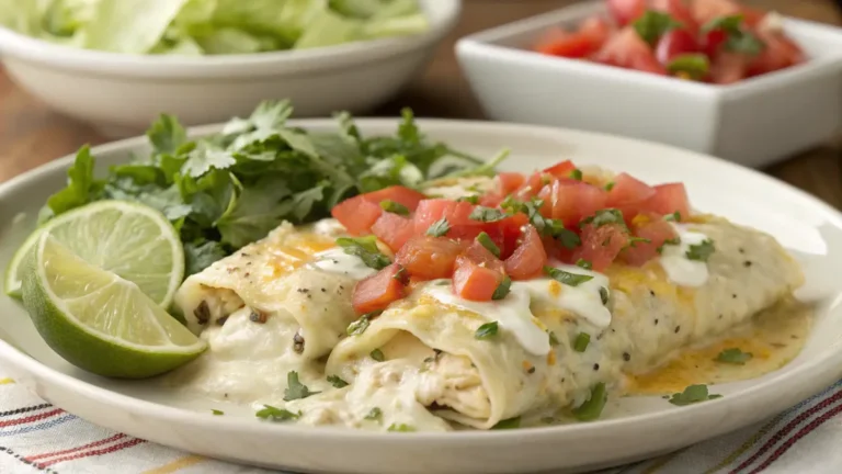 Serving suggestions for White Chicken Enchilada Casserole with garnishes.