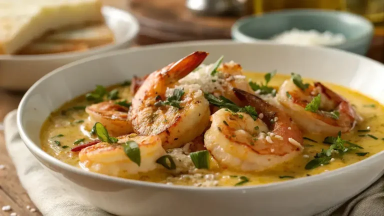 A white bowl filled with large cooked shrimp in buttery garlic sauce, garnished with herbs and cheese, showcasing Famous Red Lobster Shrimp.
