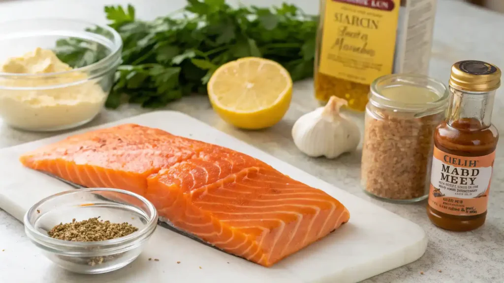 Ingredients for Cajun Honey Butter Salmon including salmon, Cajun seasoning, honey, butter, garlic, lemon juice, and parsley.