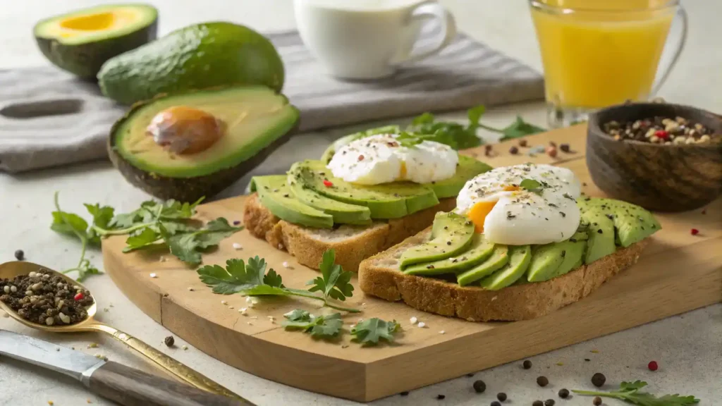 Ingredients for Avocado Toast with Poached Egg displayed on a wooden cutting board.