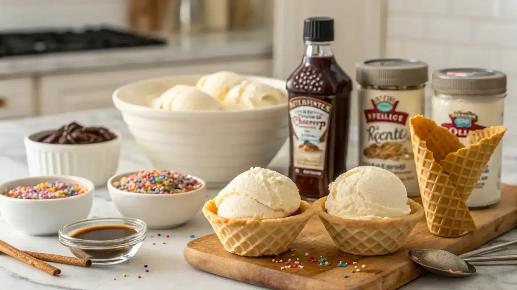 Ingredients for making Pop-Tart Ice Cream, including ice cream, Pop-Tarts, and toppings.
