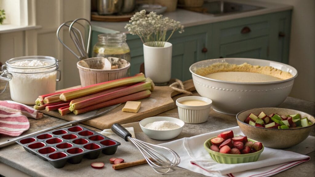 Ingredients for rhubarb cheesecake displayed aesthetically, including fresh rhubarb, cream cheese, and graham crackers.