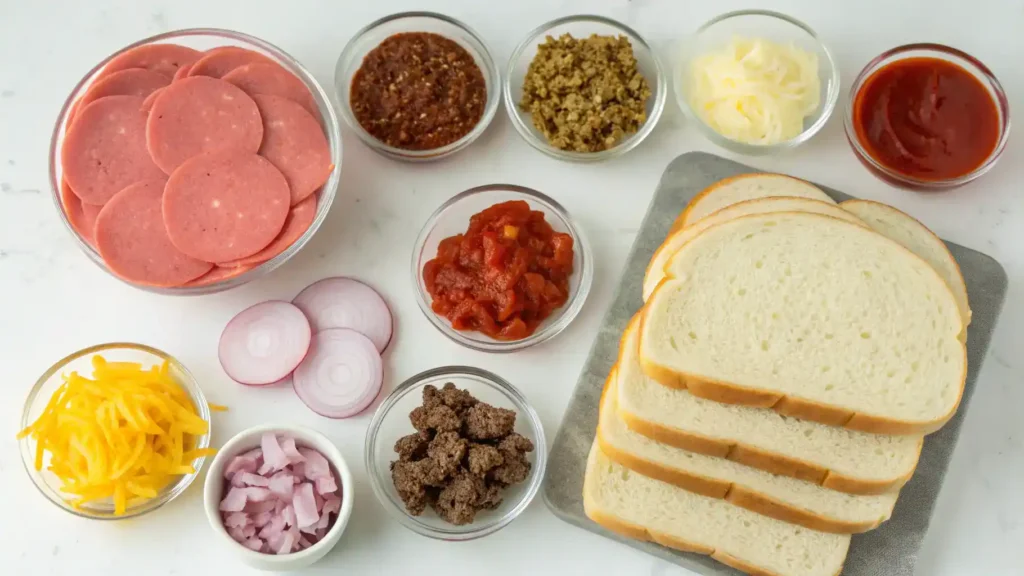 Ingredients for Texas Toast Sloppy including Texas toast, ground beef, onion, bell pepper, garlic, tomato sauce, ketchup, mustard, Worcestershire sauce, cheese, salt, and pepper.