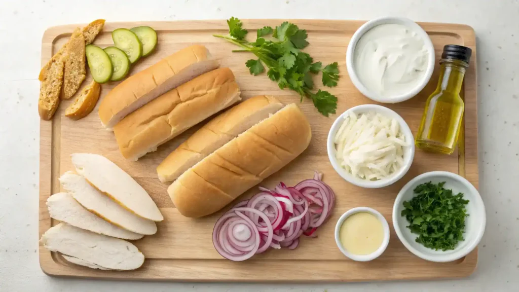 Ingredients for White BBQ Chicken Subs laid out on a wooden table.