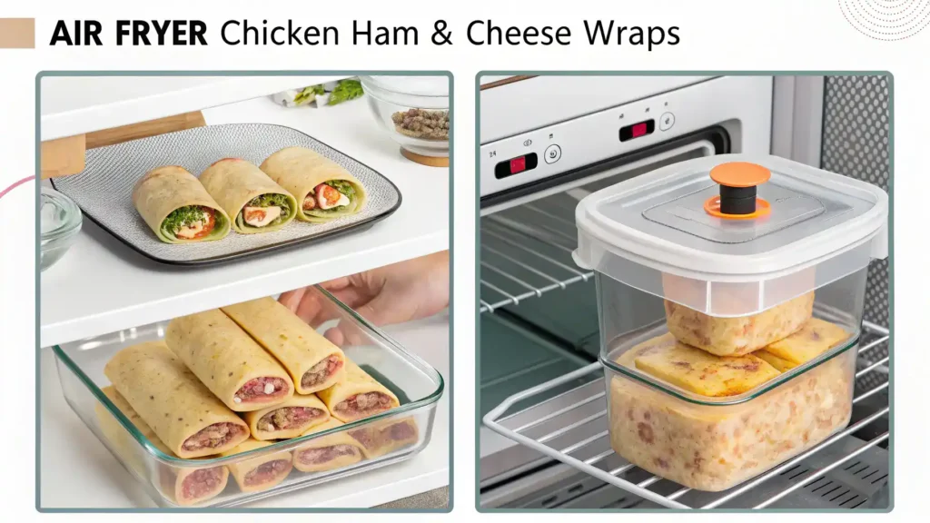 Storage and reheating instructions for Air Fryer Chicken Ham & Cheese Wraps.