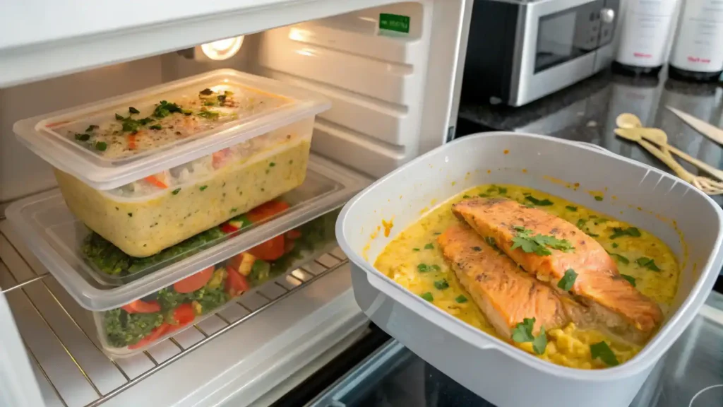 Storage and reheating tips for Coconut Curry Salmon.