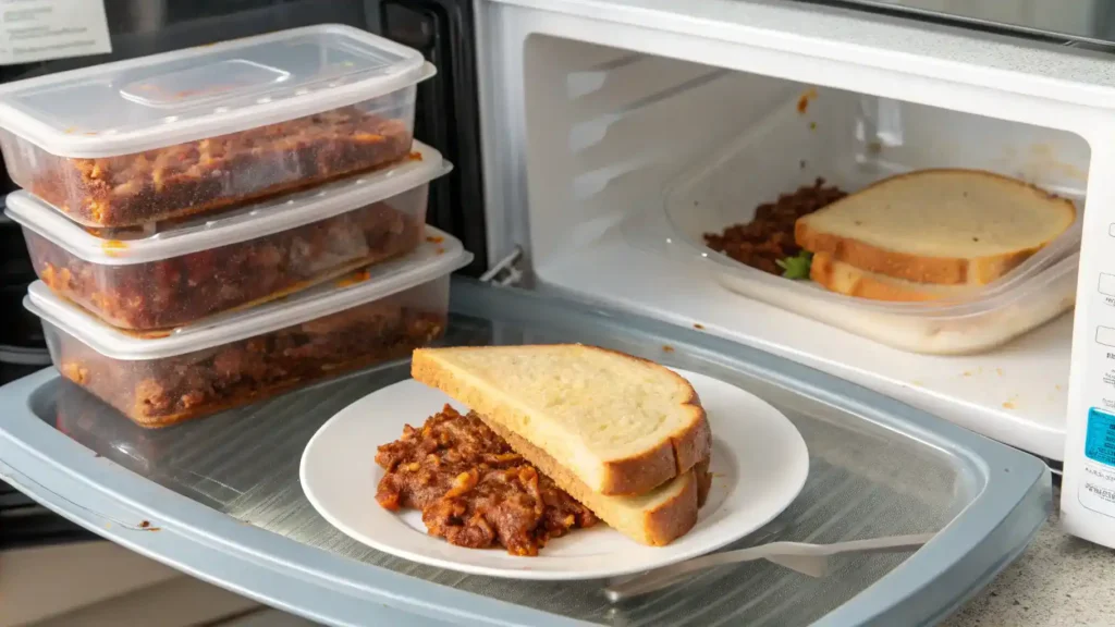 Storing and reheating Texas Toast Sloppy leftovers in airtight containers.