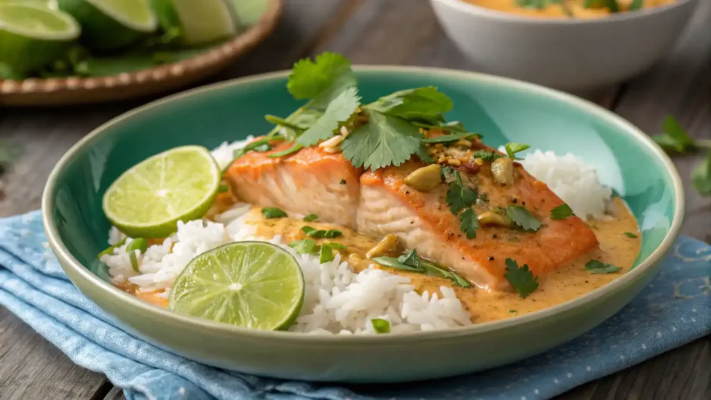 Plated Coconut Curry Salmon with rice and garnishes.