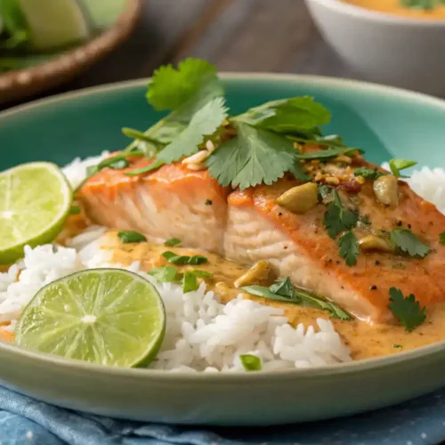 Plated Coconut Curry Salmon with rice and garnishes.