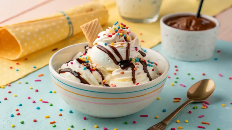 A bowl of Pop-Tart Ice Cream topped with whipped cream and sprinkles.