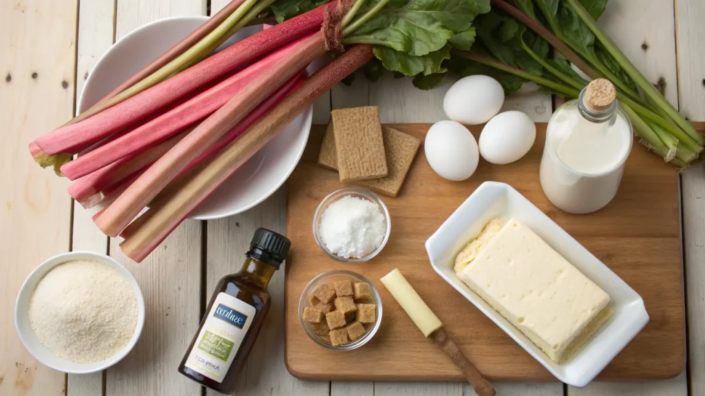 A kitchen setting with tips for making rhubarb cheesecake, featuring fresh ingredients and baking tools.