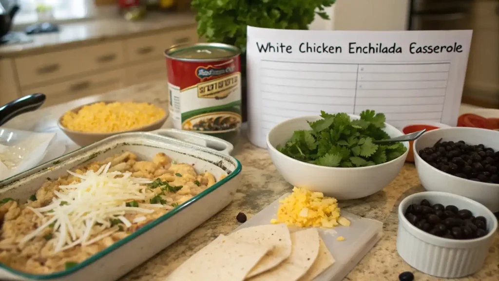 Pro tips for making White Chicken Enchilada Casserole displayed in a kitchen setting.