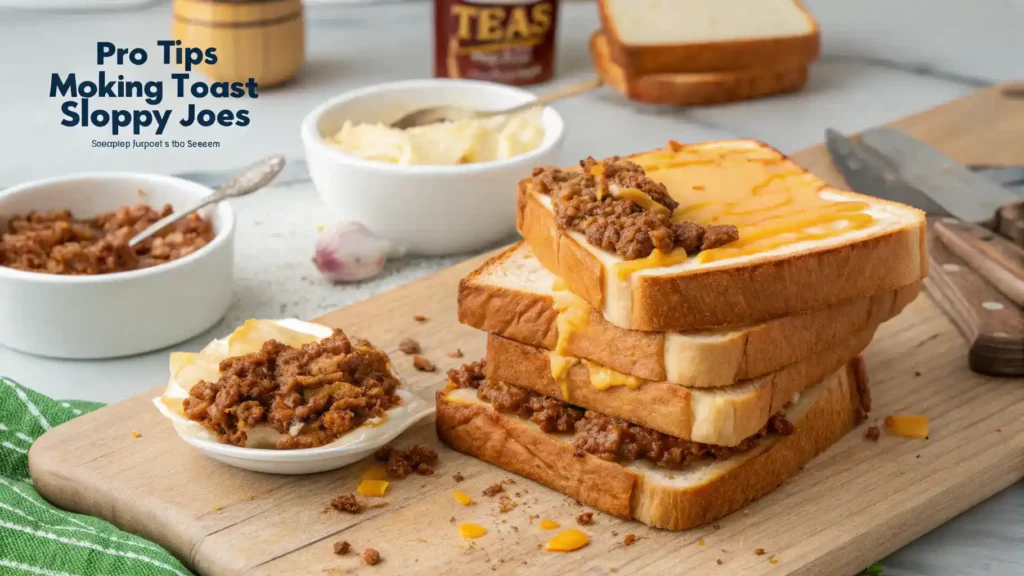 Pro tips for making Texas Toast Sloppy including thick-cut toast and melted cheese.