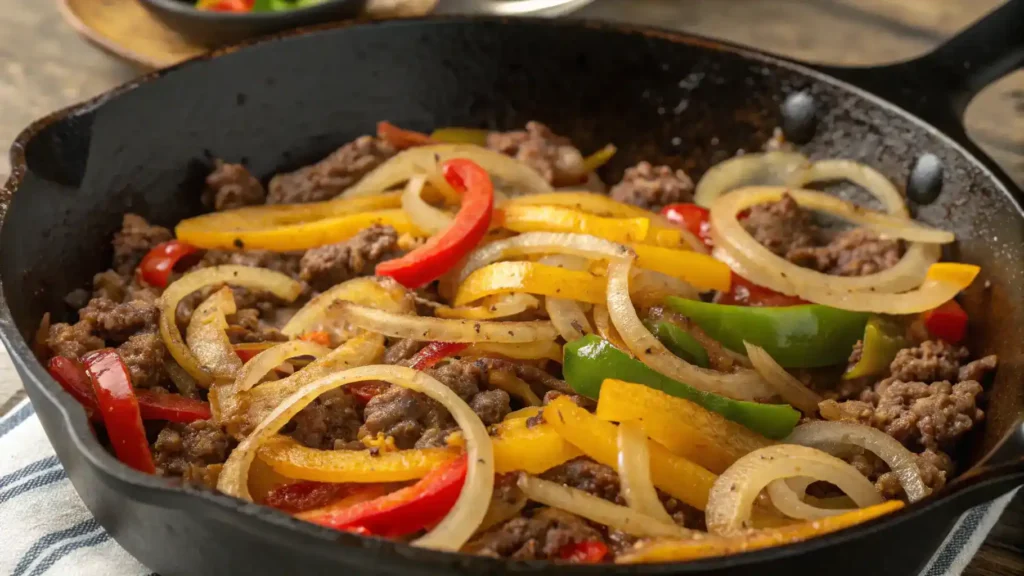 A skillet with sautéed onions and bell peppers, with ground beef being browned.