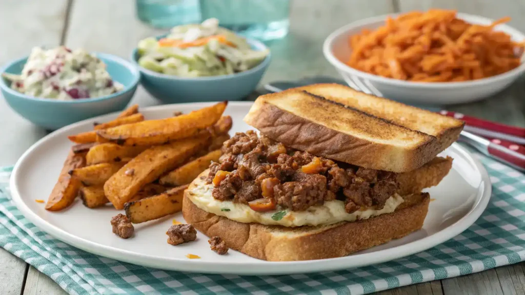 Serving suggestions for Texas Toast Sloppy with garnishes and side dishes.
