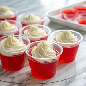 Close-up of colorful jelly shots with frosting on a marble surface