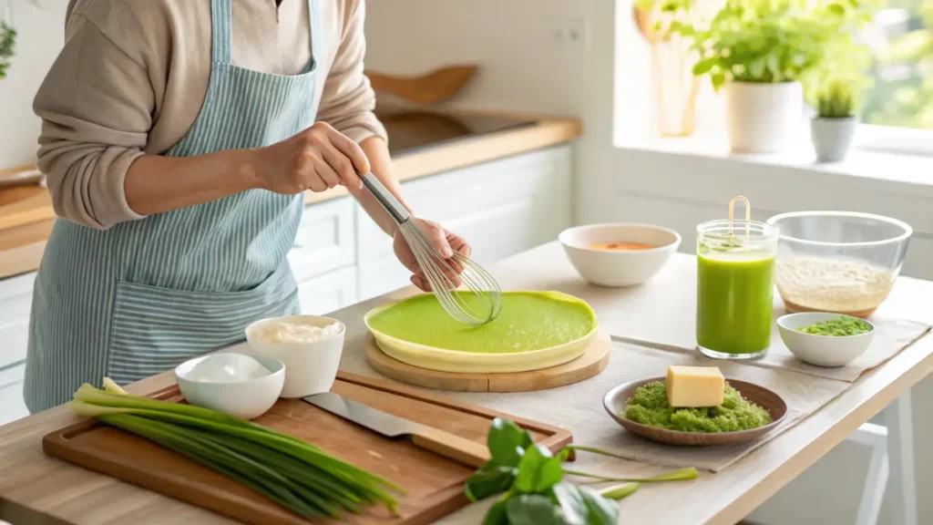A person mixing ingredients for Pandan Crêpes in a bright kitchen.