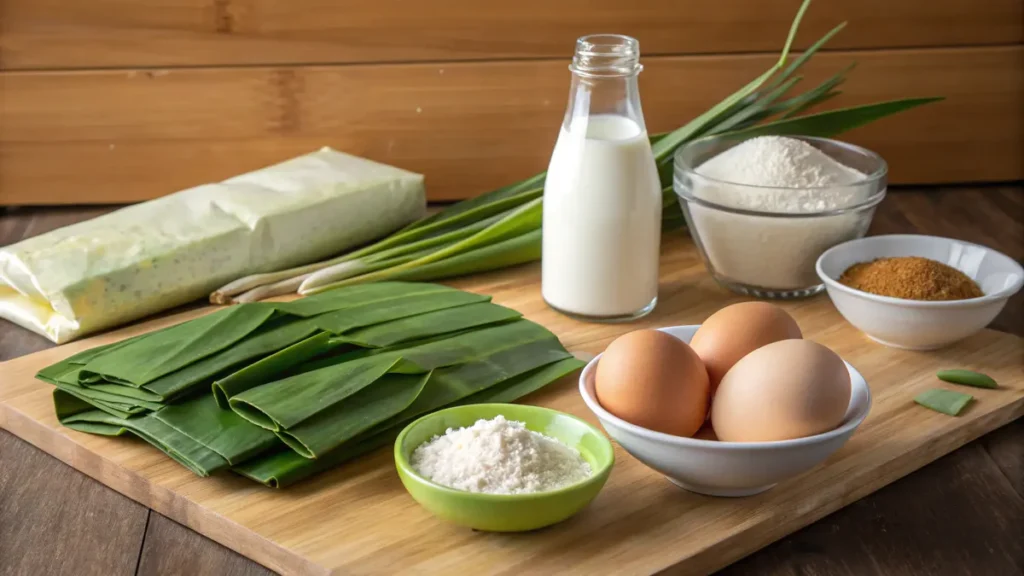 Ingredients for making Pandan Crêpes displayed on a wooden countertop.