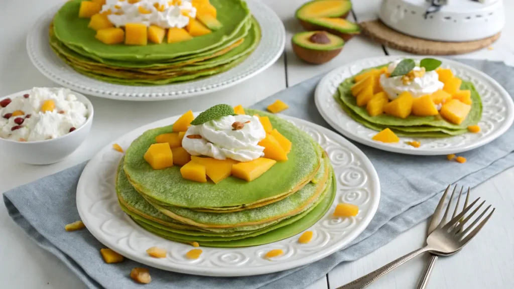 Serving suggestions for Pandan Crêpes with various toppings.