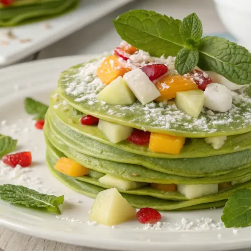 A stack of delicious Pandan Crêpes filled with coconut and fruits.