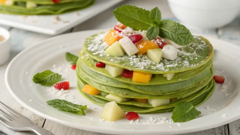 A stack of delicious Pandan Crêpes filled with coconut and fruits.
