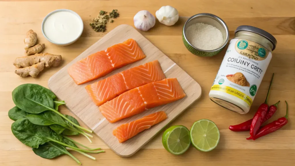 Ingredients for Coconut Curry Salmon including salmon, coconut milk, and spices on a countertop.