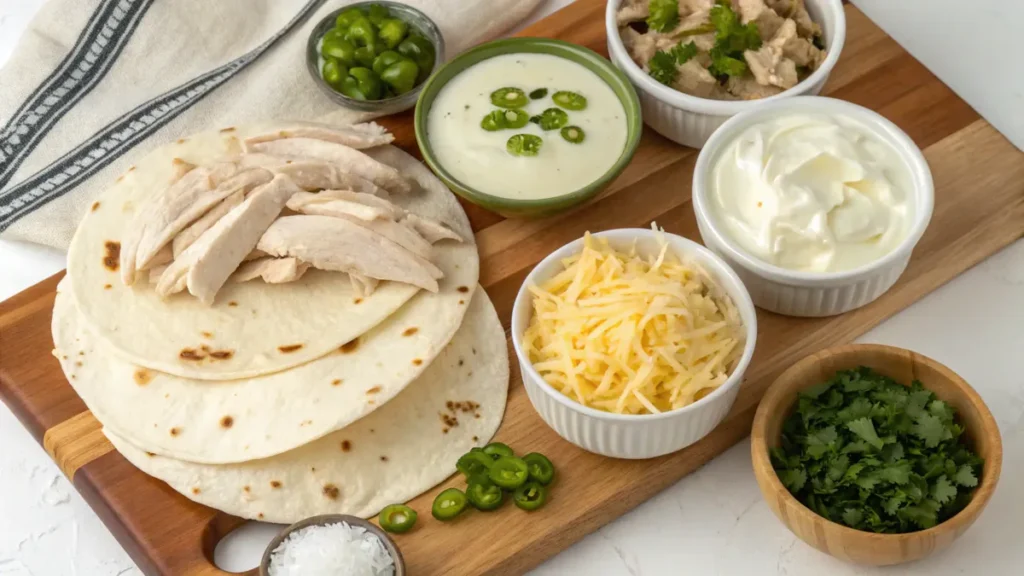 Ingredients for White Chicken Enchilada Casserole displayed on a kitchen countertop.